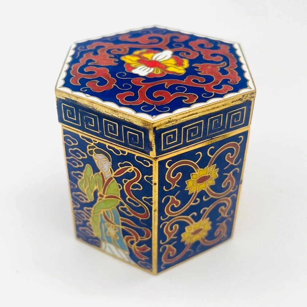 Peking Jewelry Cloisonne Enamel 7-Piece Puzzle Trinket Box Set Blue Floral
